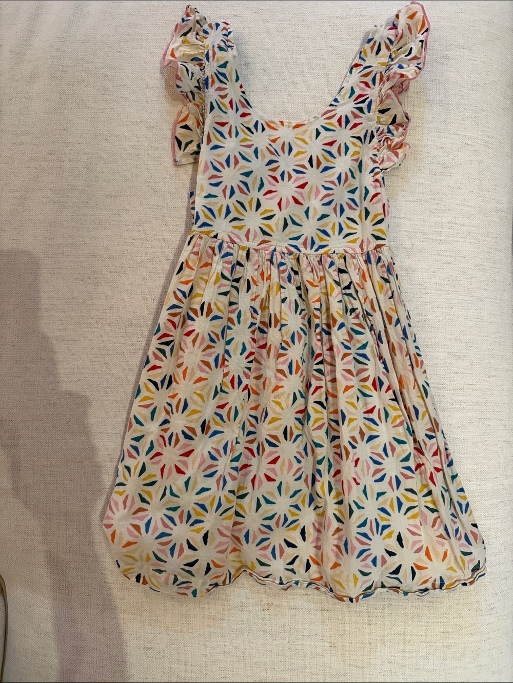 Girls' Multicolor Pinwheel Patterned Cotton Dress with Ruffle Sleeves